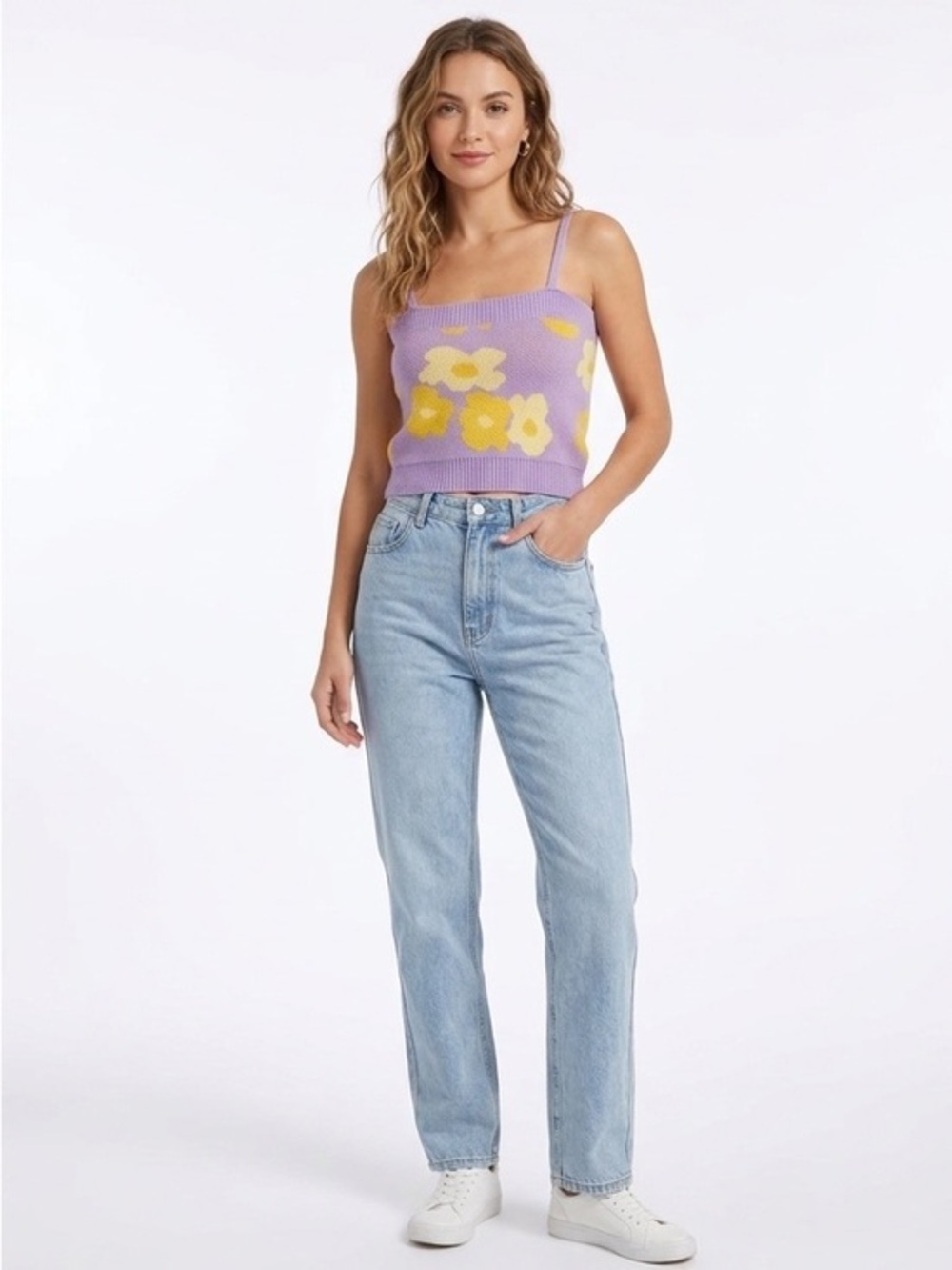 Cider Lavender Floral Print Knit Cami Knit Sleeveless Crop Top Size Small